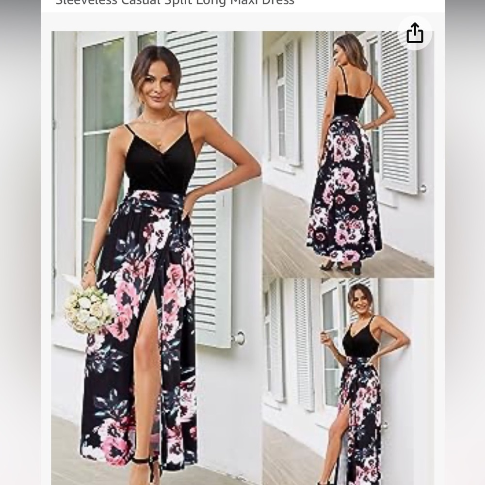 Women's V Neck Spaghetti Strap Floral Sleeveless Casual Split Long Maxi Dress